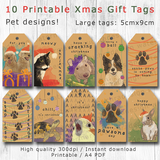 10 Printable Pet Themed Xmas Gift Tags | Digital Download | A4 PDF